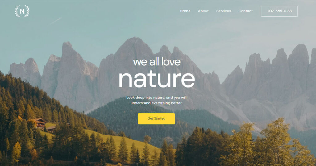 A nature-themed website homepage with mountains and a call-to-action button.